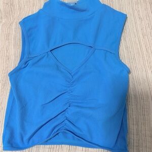 Blue Sleeveless Mock Neck Ruched Crop Top